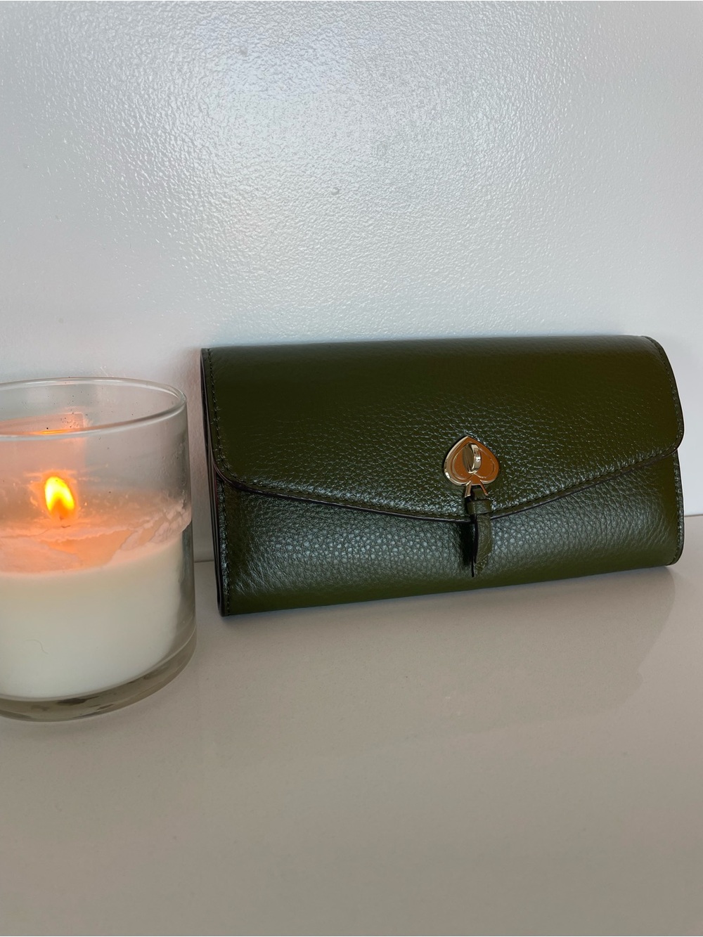 kate spade Olive Green Pebbled Leather Mini Wallet with Gold Hardware